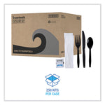 Six-Piece Cutlery Kit, Mediumweight, Fork/Knife/Napkin/Pepper/Salt/Spoon, Plastic, Black, 250/Carton