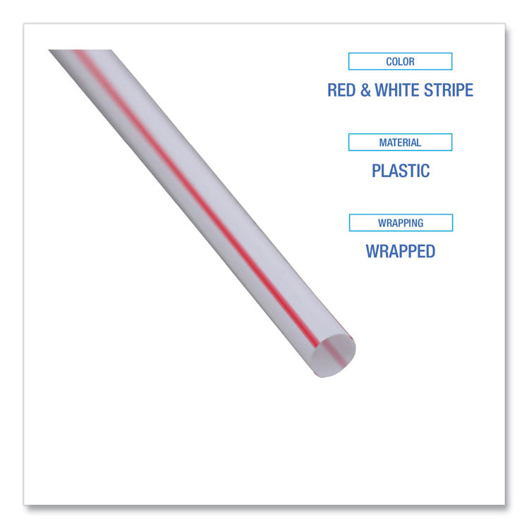 Wrapped Jumbo Straws, 7.75", Plastic, White/Red Stripe, 400/Pack, 25 Packs/Carton