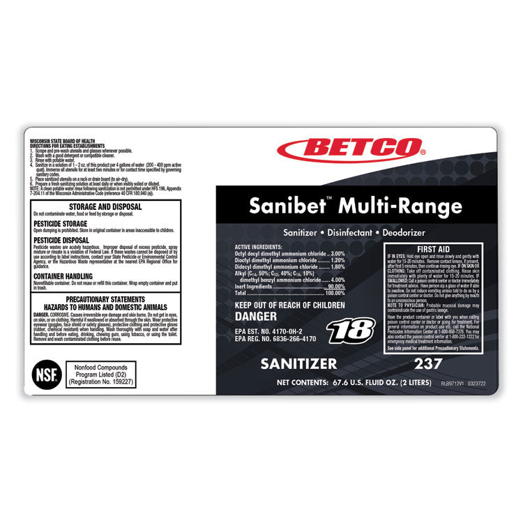Symplicity Sanibet Multi-Range Sanitizer Disinfectant Deodorizer, 1 gal Bottle, 4/Carton