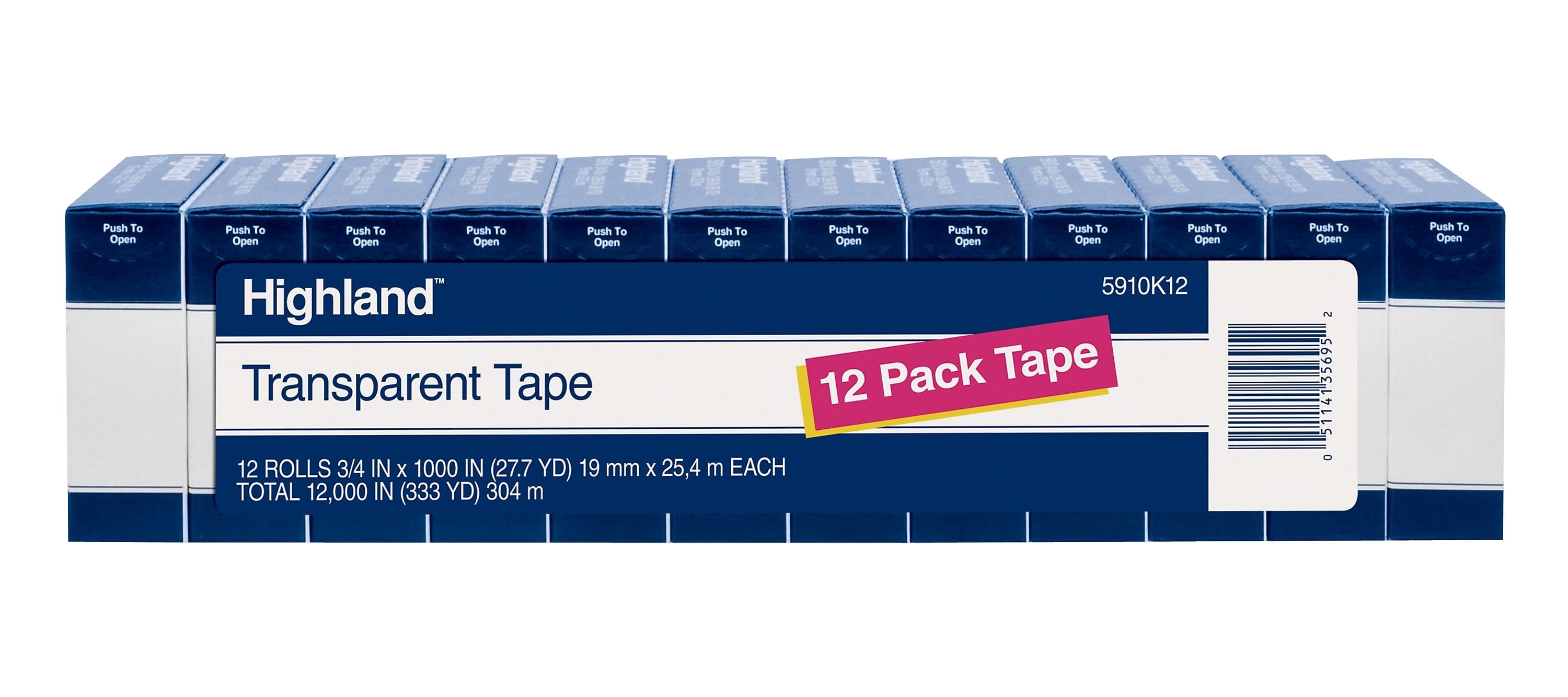 Highland Transparent Clear Tape, 0.75" x 27.77 yds., 1" Core, Transparent, 12 Rolls/Pack (5910K12)