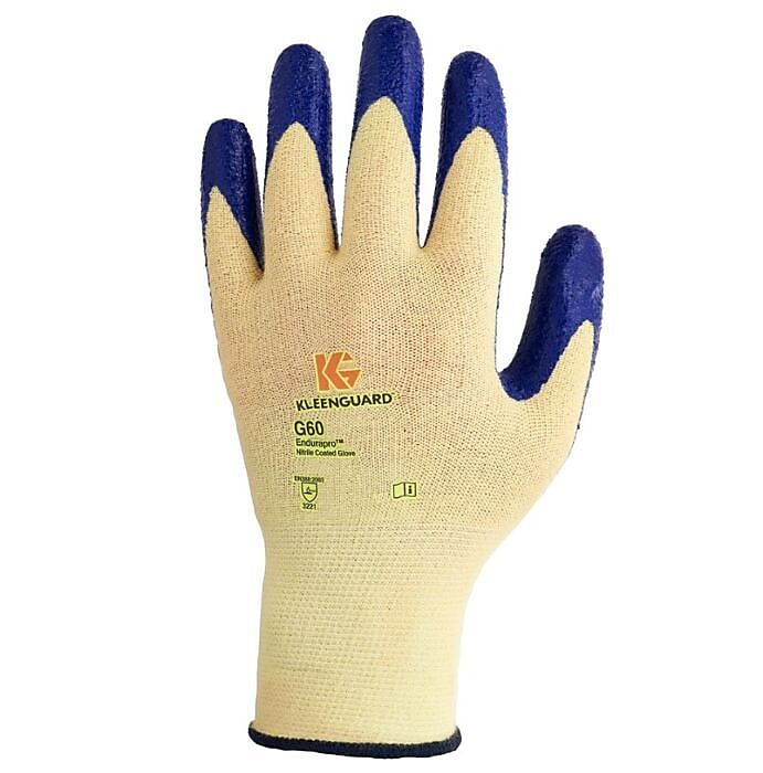 KleenGuard G60 Nitrile Coated Gloves, Size L9, 15 gauge, A2 Cut Level, Blue/Yellow, 12 gloves/box (KCC98232)