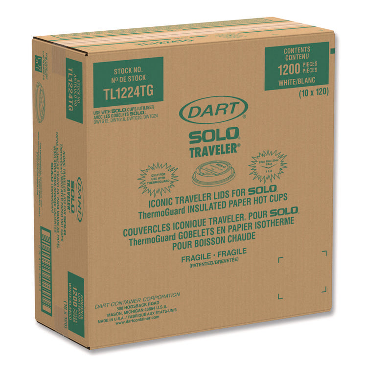Solo Traveler Sip Through Lids for ThermoGuard Hot Cups, Fits 12 oz to 24 oz Hot Cups, Plastic, White, 1,200/Carton