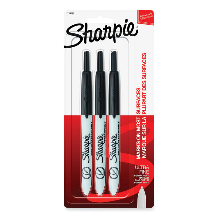 Retractable Permanent Marker, Extra-Fine Needle Tip, Black, 3/pack