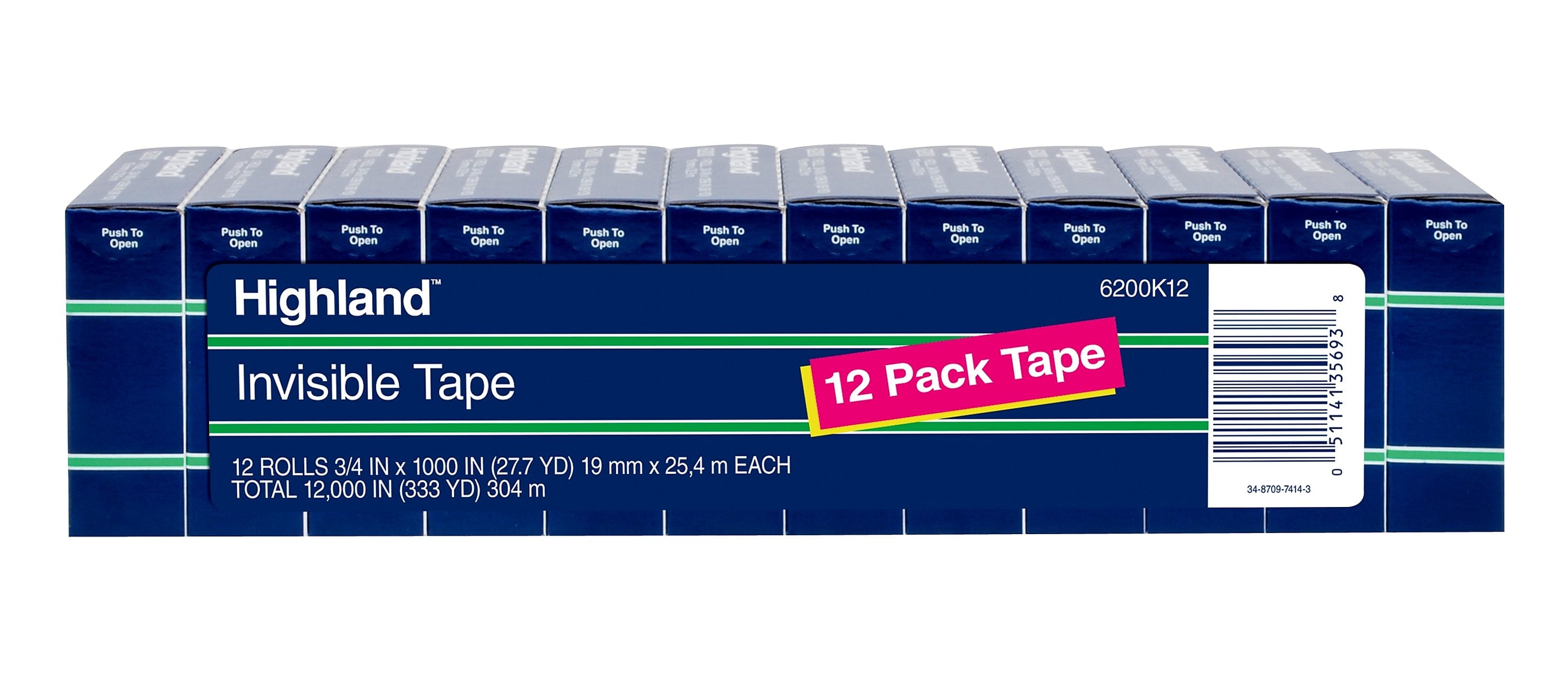 Highland Invisible Clear Tape, 0.75" x 27.77 yds., 1" Core, Invisible, 12 Rolls/Pack (6200K12)