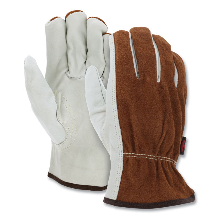 Dual Leather Industrial Gloves, Gunn Cut, Keystone Thumb, X-Large, Cream/Brown, 12 Pairs