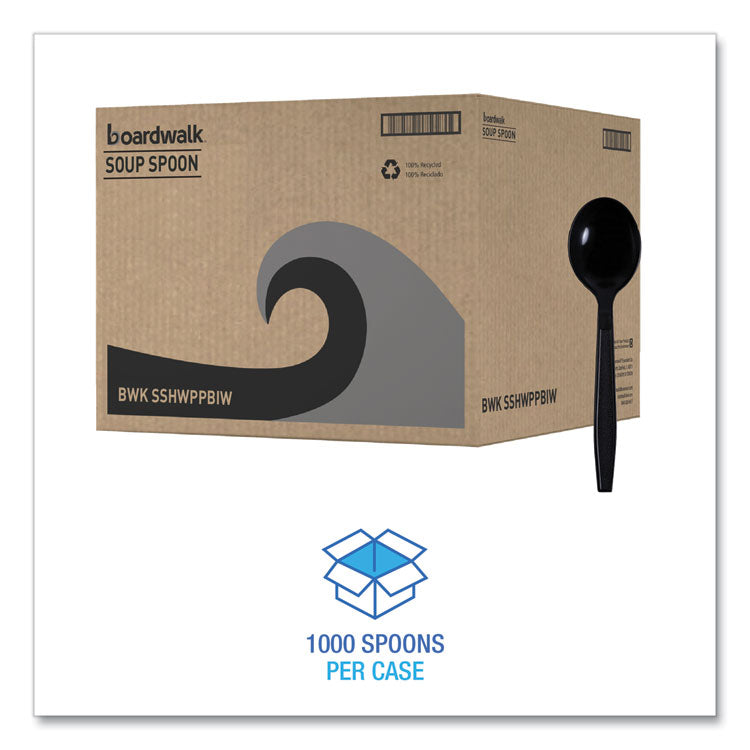 Heavyweight Wrapped Polypropylene Cutlery, Soup Spoon, Plastic, Black, 1,000/Carton