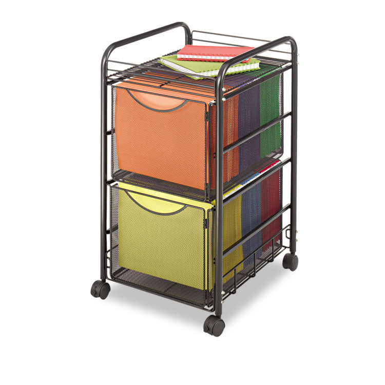 Onyx Mesh Mobile Double File, Metal, 1 Shelf, 2 Drawers, 15.75" x 17" x 27", Black