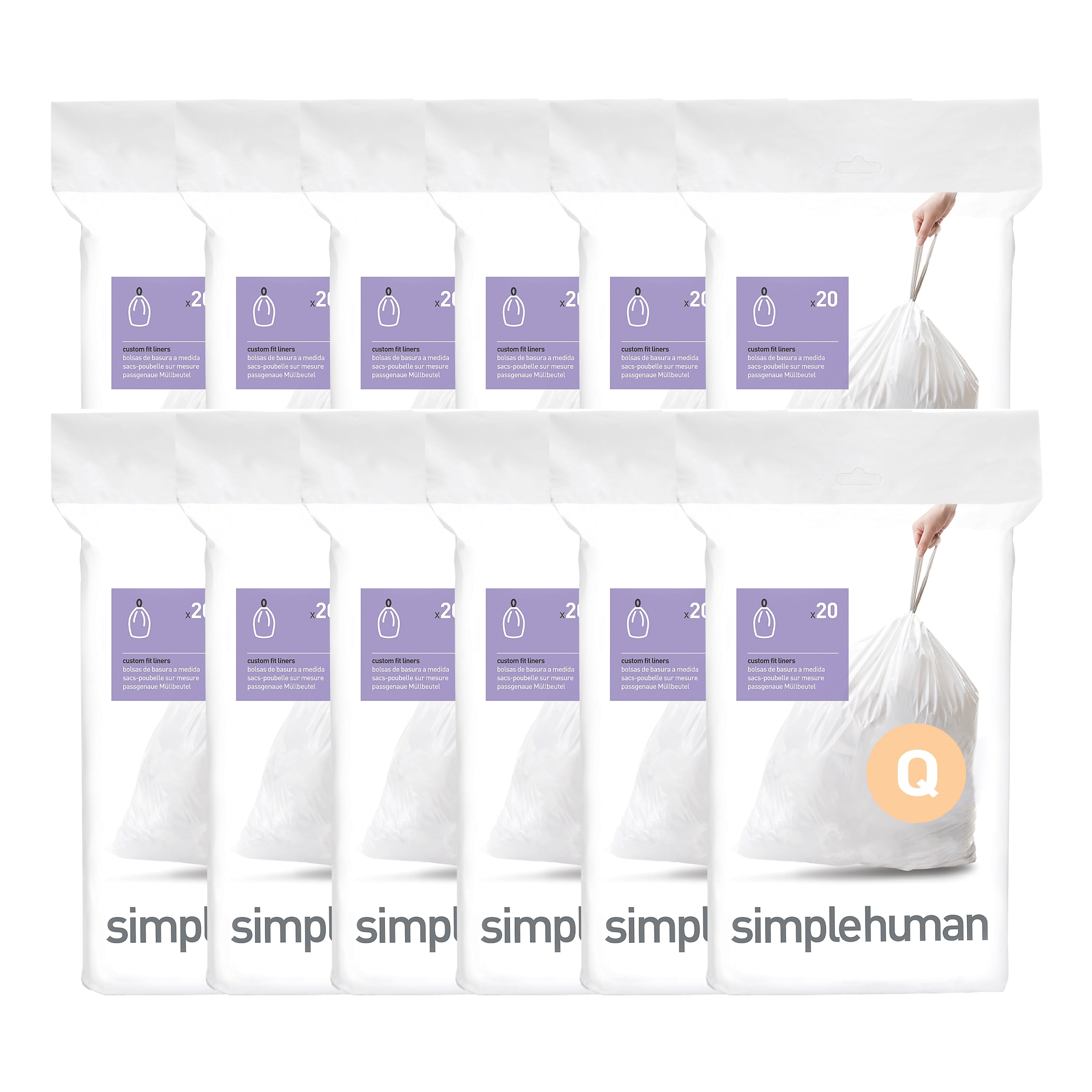 simplehuman Code Q 13-17 Gallon Trash Bag, 6.5" x 9.8", Low Density, 1.2 mil, White, 240 Bags/Box (CW0264)