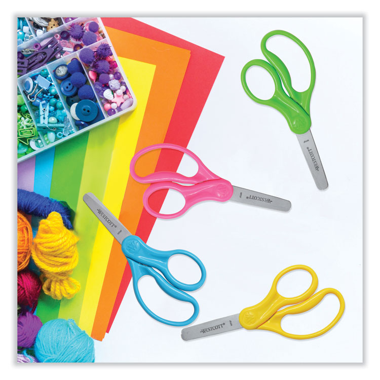 For Kids Scissors Teacher's Pack, Rounded Tip, 5" Long, 1.75" Cut Length, Straight Assorted Color Handles, 12/Pack