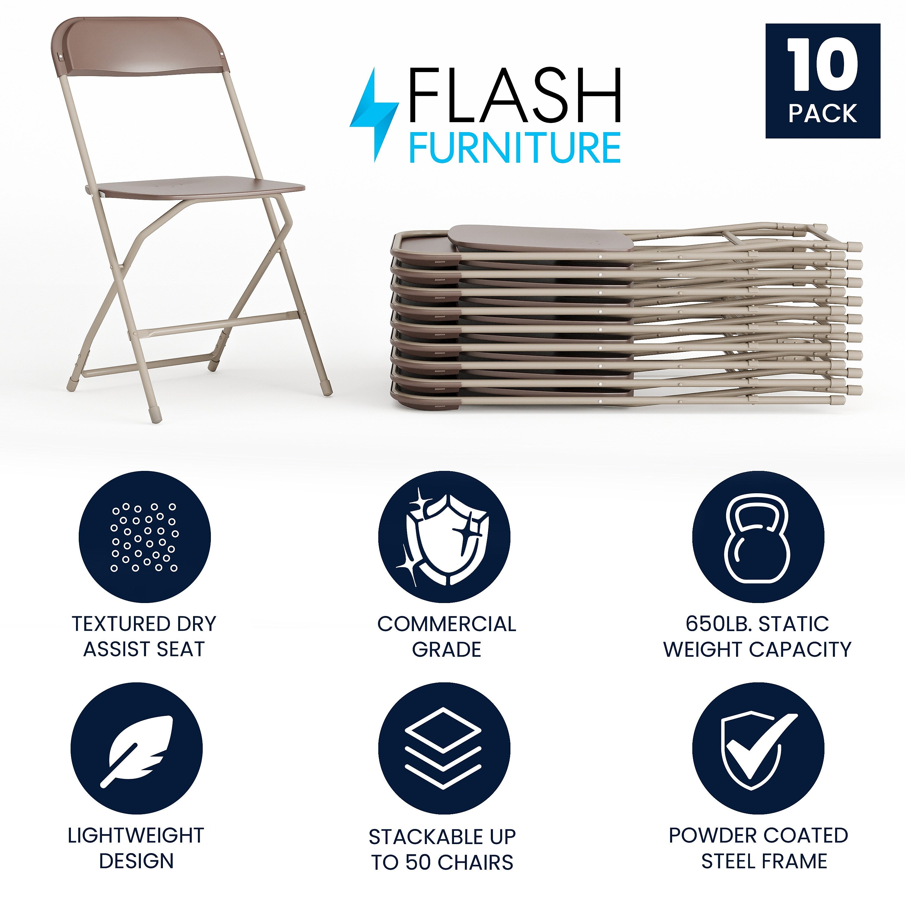 Flash Furniture HERCULES™ Plastic Armless Folding Chair, Premium Brown, 10/Pack
