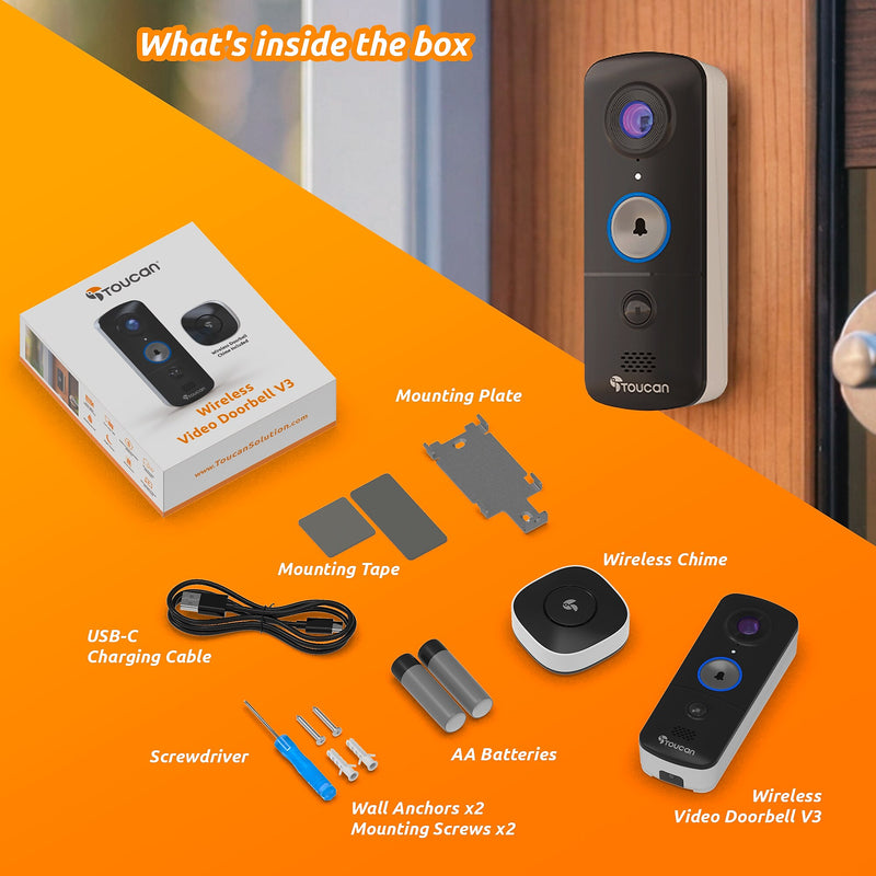 Toucan V3 Wireless Battery Operated Video Doorbell, Chime,  Night Vision, Wi-Fi, IP56 Weather Resistant, Black