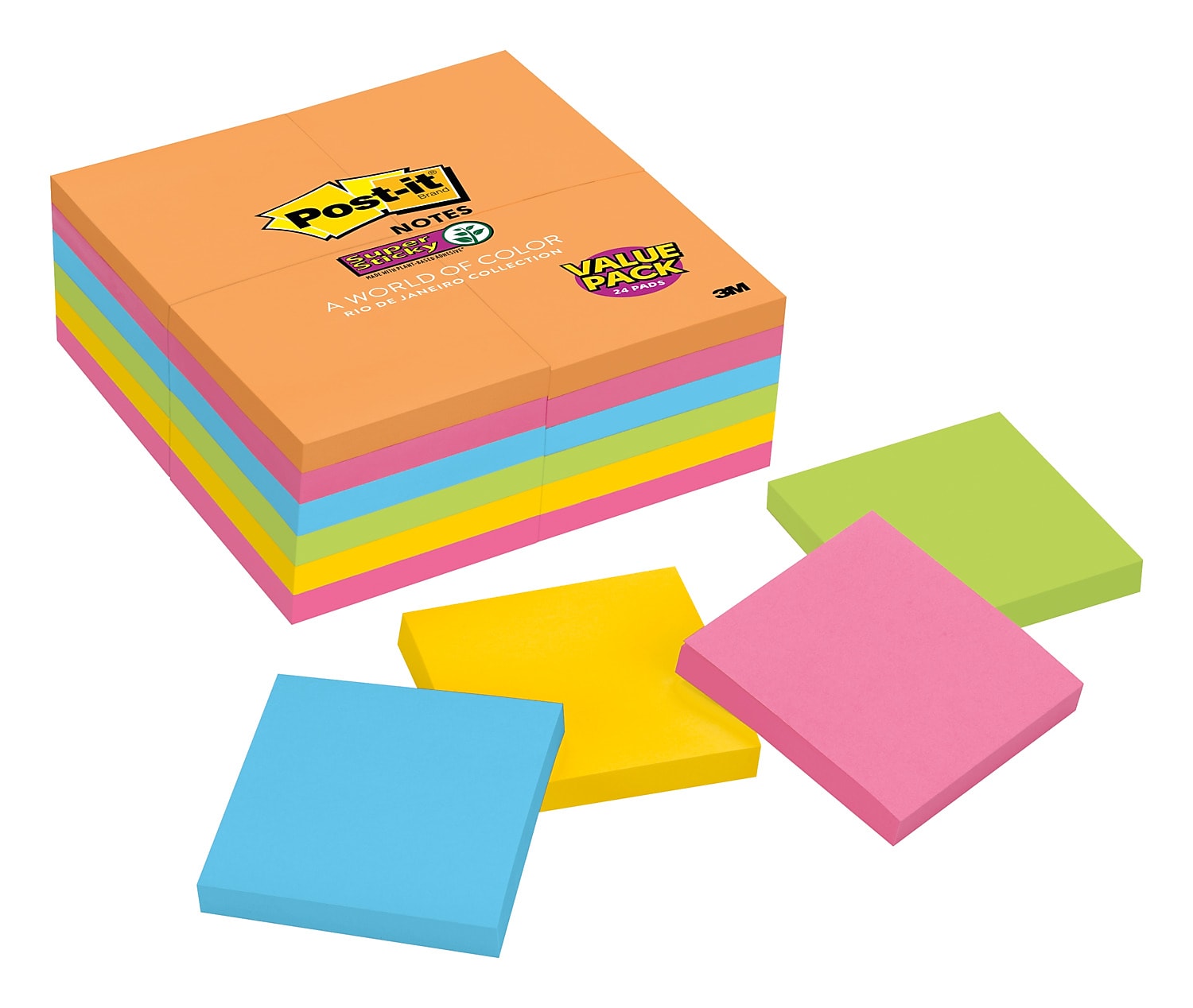 Post-it® Super Sticky Notes, 3" x 3",  Rio De Janeiro Collection, 24 Pads/Pack (65424SSAU)