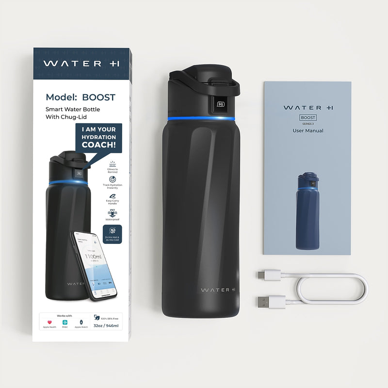 WaterH BOOST Stainless Steel Triple Wall Insulated Smart Water Bottle, 32 oz., Black (B003BK)