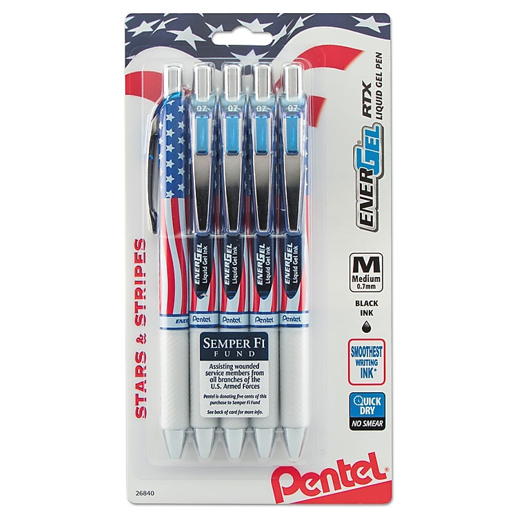 Pentel EnerGel Stars & Stripes Liquid Gel Pen, Medium Point, 0.7 mm, Black, 5/Pack
