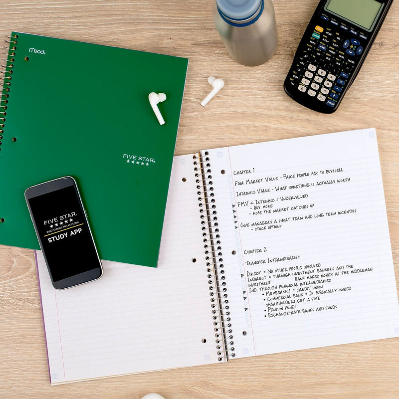 Five Star Wirebound Notebook, 1-Subject Notebook, 8.5" x 11", College Ruled, 100 Sheets, Green (72055)
