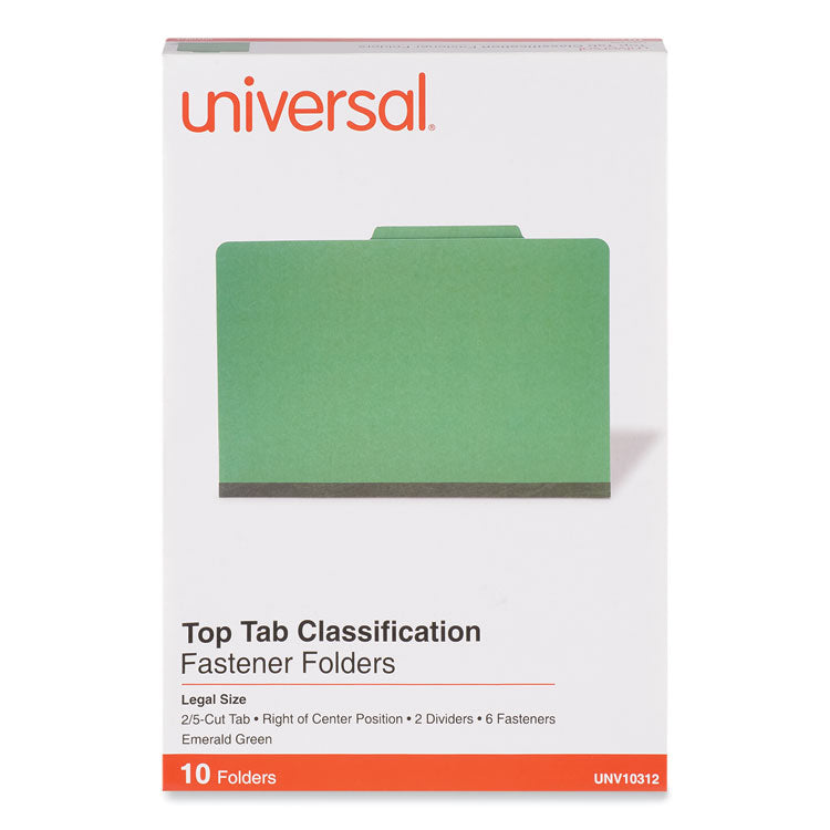 Bright Colored Pressboard Classification Folders, 2" Expansion, 2 Dividers, 6 Fasteners, Legal Size, Emerald Green, 10/Box