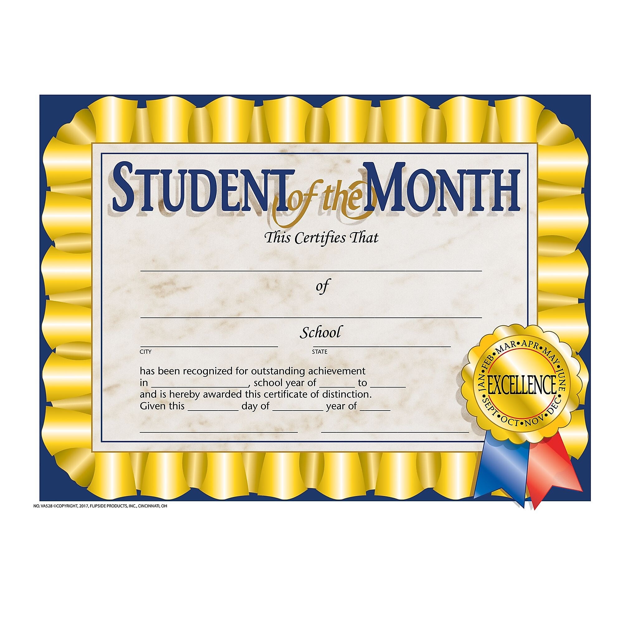 Flipside Student of the Month Certificate, 8.5" x 11", Multicolor, 30/Pack, 5 Packs/Carton (VA528-5)