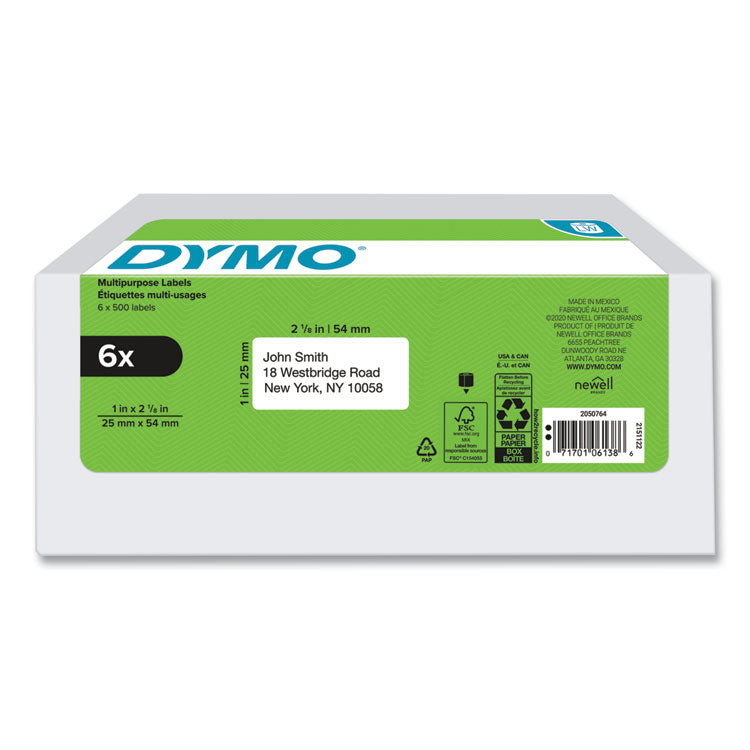 LW Multipurpose Labels, 1" x 2.13", White, 500 Labels/Roll, 6 Rolls/Pack