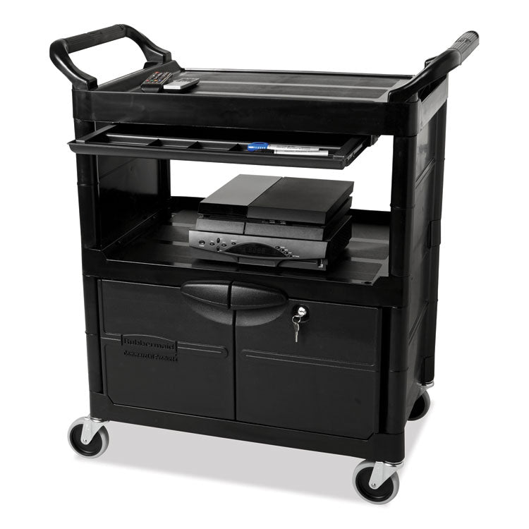 Utility Cart with Locking Doors, Plastic, 3 Shelves, 200 lb Capacity, 33.63" x 18.63" x 37.75", Black
