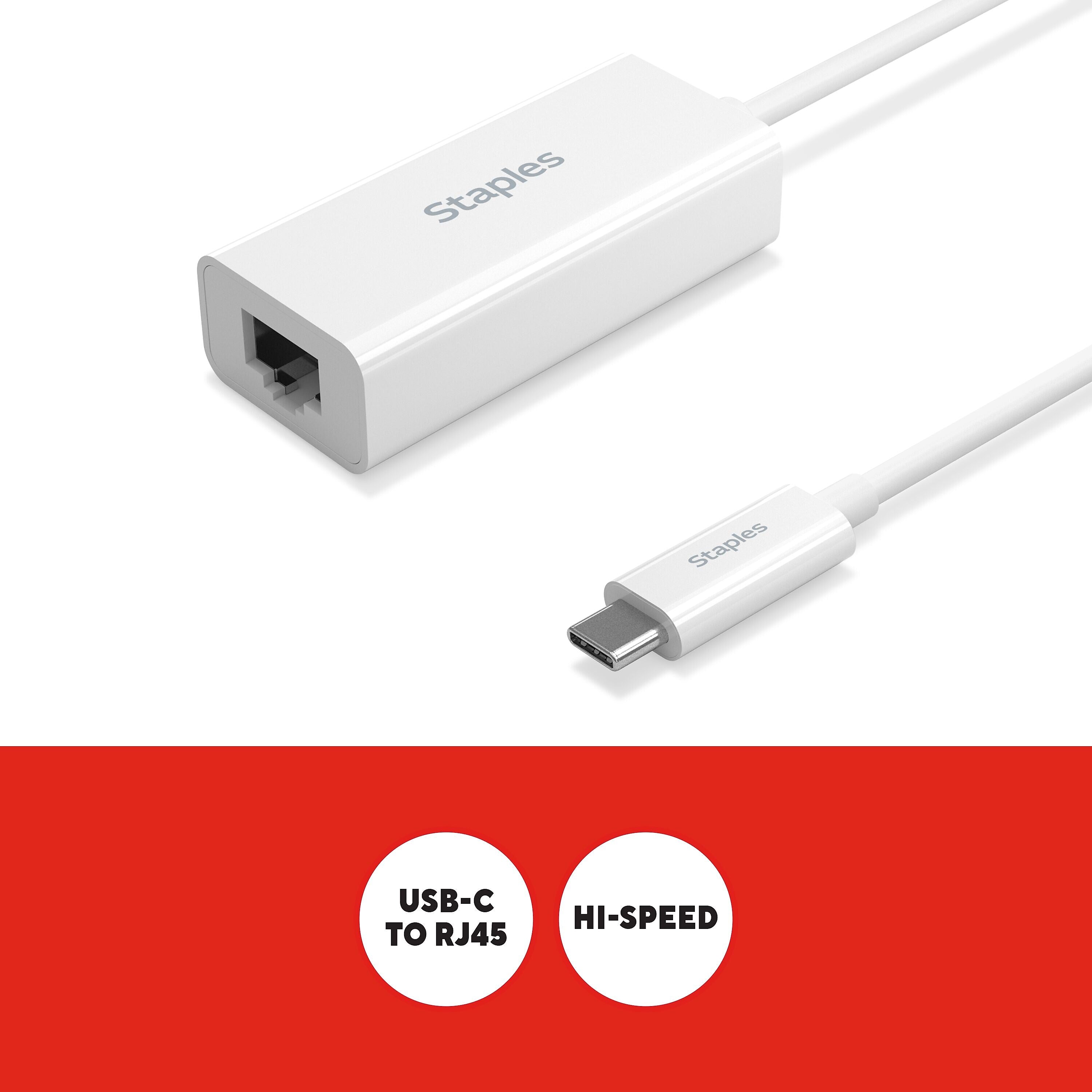 Staples TECH USB-C to Ethernet Adapter, Female to Male, White (ST62369)