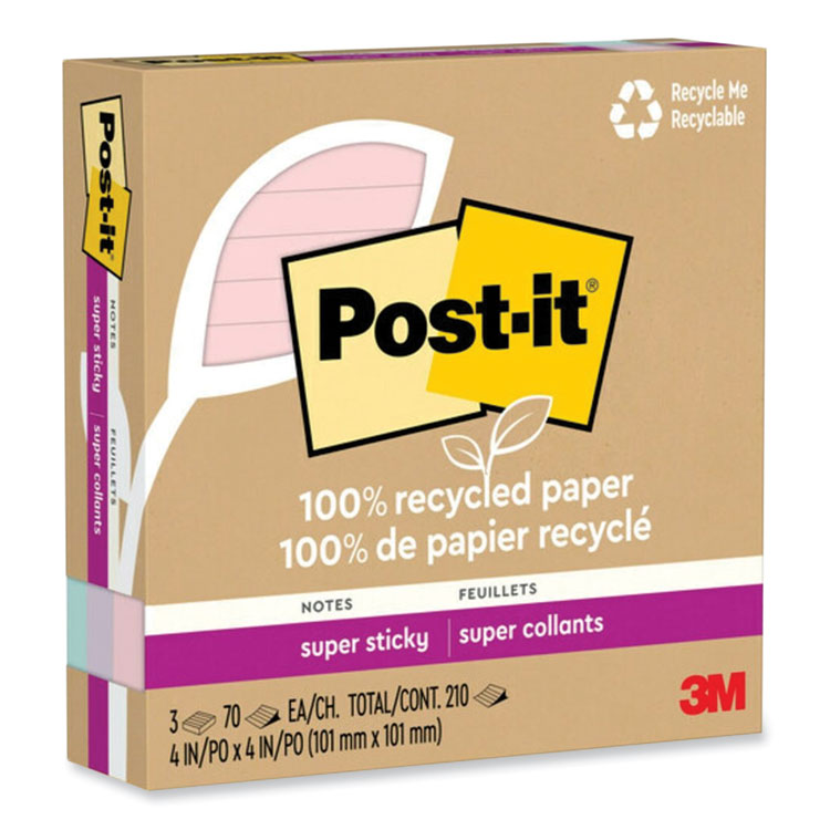 100% Recycled Paper Super Sticky Notes, Ruled, 4" x 4", Wanderlust Pastels, 70 Sheets/Pad, 3 Pads/Pack