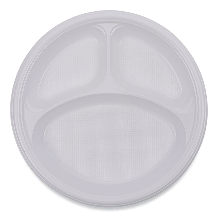 Hi-Impact Plastic Dinnerware, 3-Compartment Plate, 10" dia, White, 500/Carton