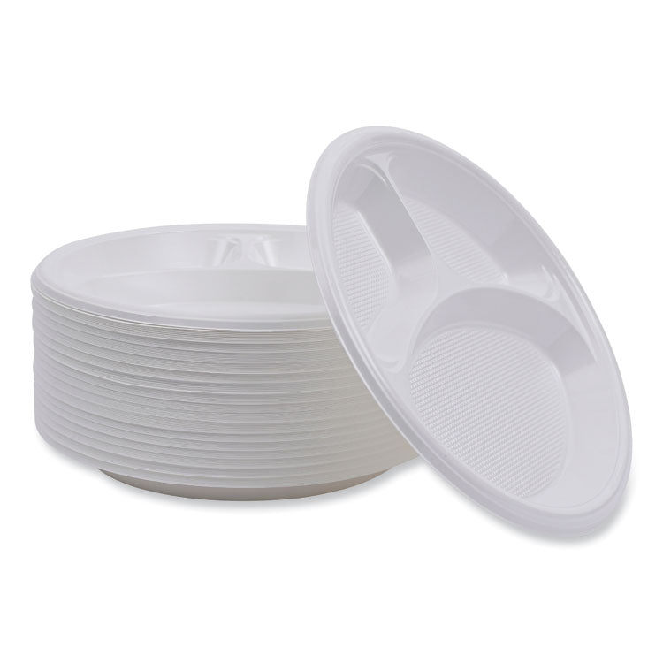 Hi-Impact Plastic Dinnerware, 3-Compartment Plate, 10" dia, White, 500/Carton