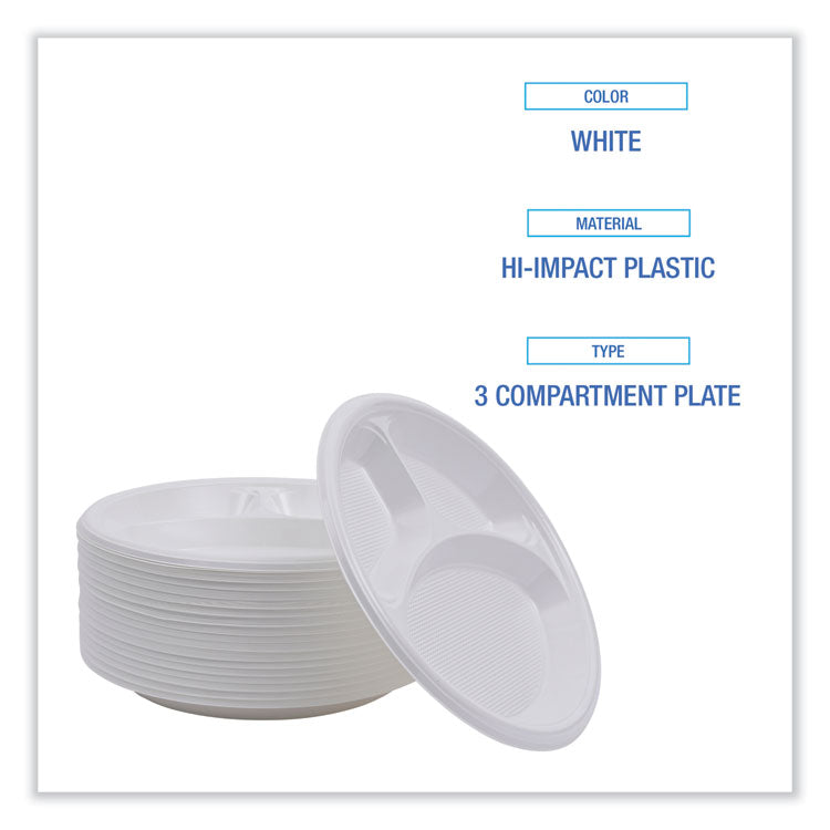 Hi-Impact Plastic Dinnerware, 3-Compartment Plate, 10" dia, White, 500/Carton