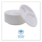 Hi-Impact Plastic Dinnerware, 3-Compartment Plate, 10" dia, White, 500/Carton