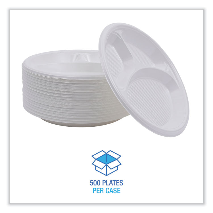 Hi-Impact Plastic Dinnerware, 3-Compartment Plate, 10" dia, White, 500/Carton