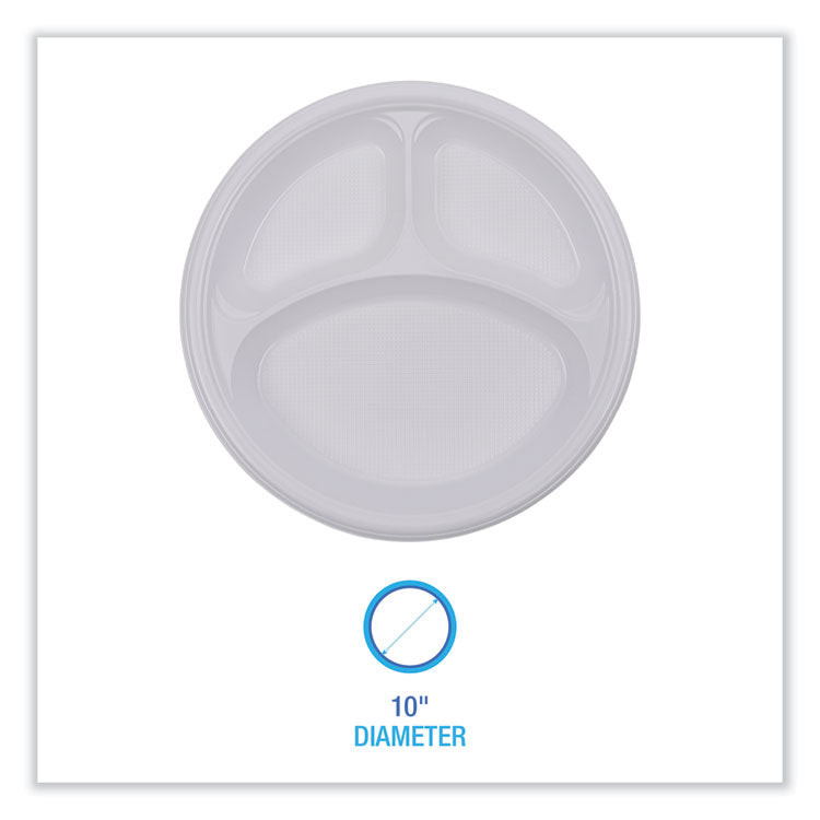 Hi-Impact Plastic Dinnerware, 3-Compartment Plate, 10" dia, White, 500/Carton
