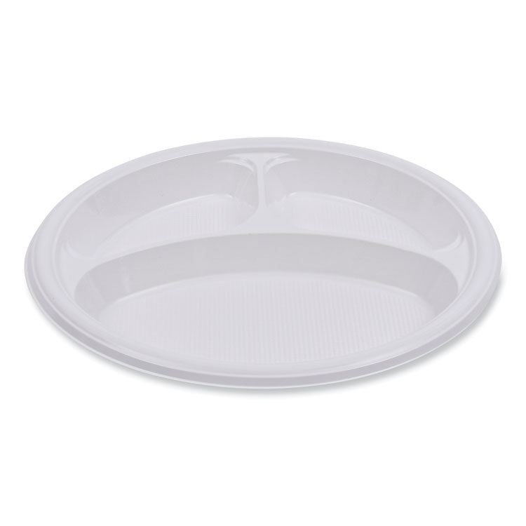 Hi-Impact Plastic Dinnerware, 3-Compartment Plate, 10" dia, White, 500/Carton