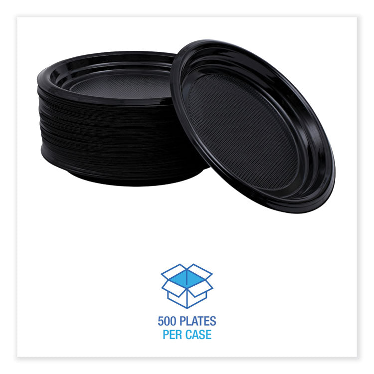 Hi-Impact Plastic Dinnerware, Plate, 9" Dia, Black, 500/carton