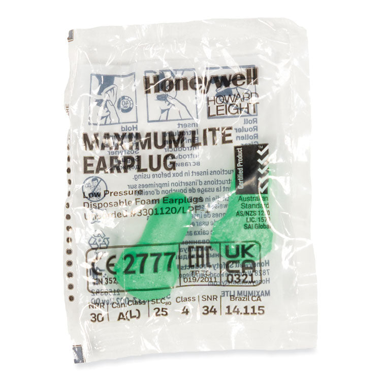 MAXIMUM Lite Single-Use Earplugs, Leight Source 500 Refill, Cordless, 30NRR, Green, 500 Pairs