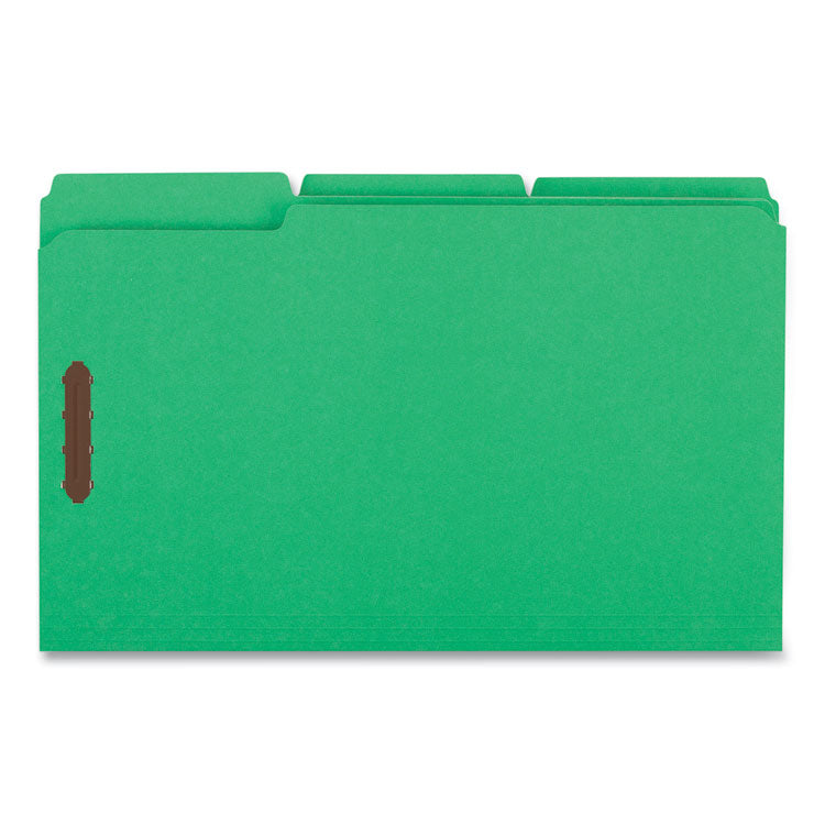 Deluxe Reinforced Top Tab Fastener Folders, 0.75" Expansion, 2 Fasteners, Legal Size, Green Exterior, 50/Box
