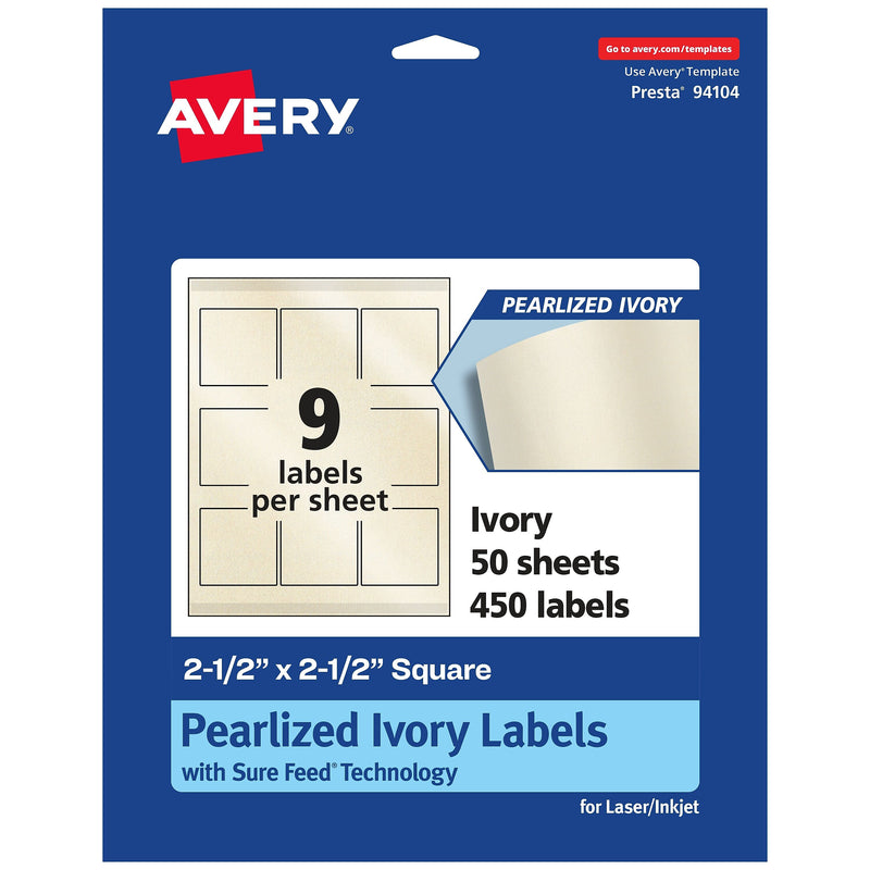 Avery Laser/Inkjet Square Pearlized Labels, 2.5" x 2.5", Ivory, 450 Labels/Box (94104)