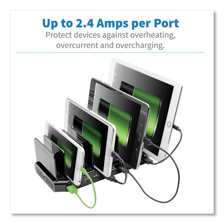 Desktop Charging Station with Adjustable Storage, 10 Devices, 9.4 x 4.7 x 1, Black