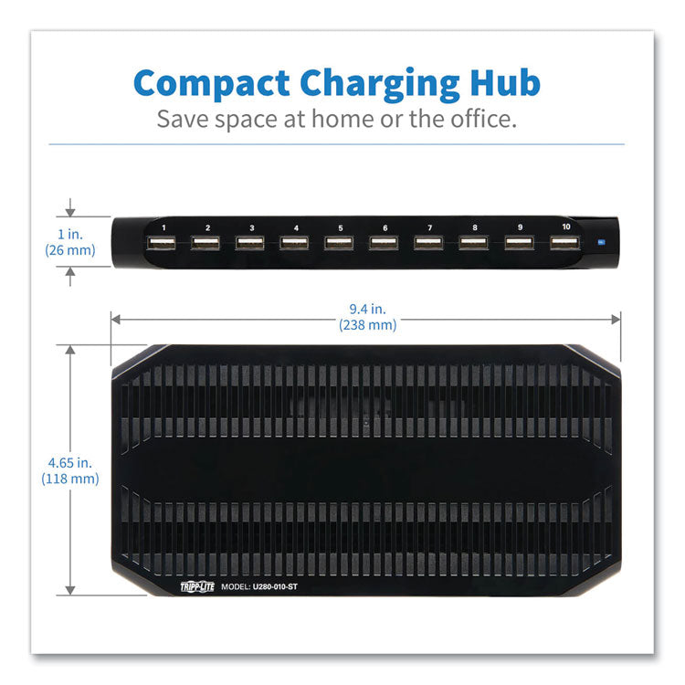 Desktop Charging Station with Adjustable Storage, 10 Devices, 9.4 x 4.7 x 1, Black