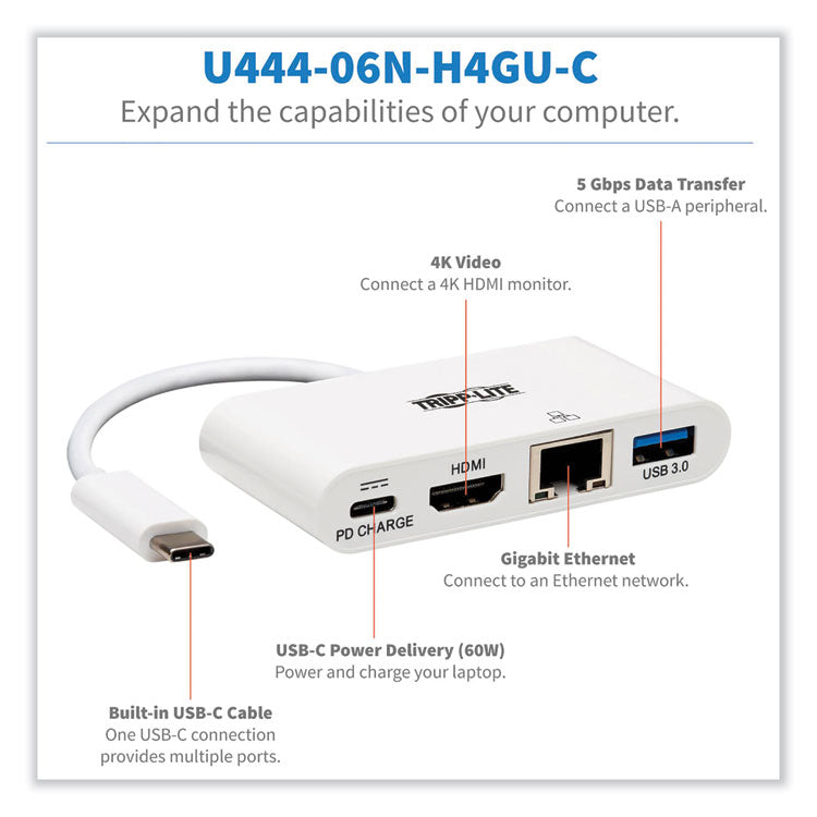 4k Dock With Charging And Ethernet, Usb C/4k Hdmi/usb A/pd Charging, White