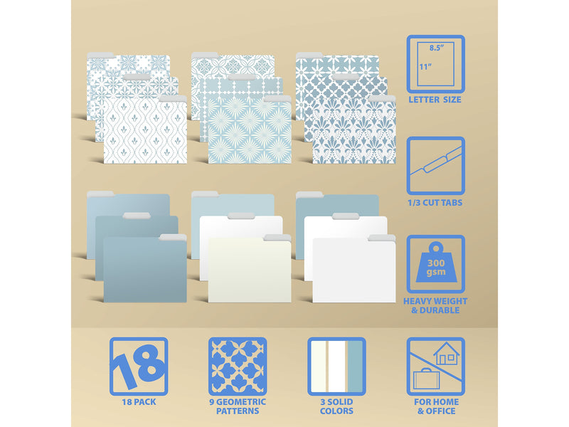Better Office Soft Floral Tile Heavy-Duty File Folders, 1/3-Cut Tab, Letter Size, Paper Stock, 18/Pack (80033-18PK)