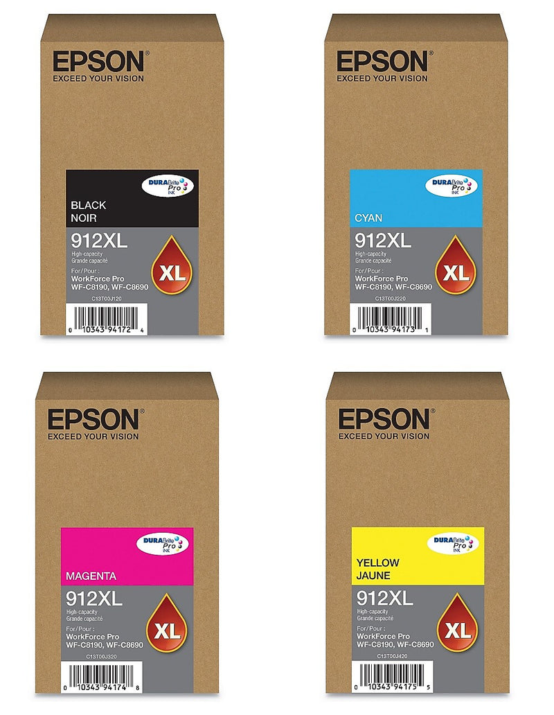 Epson T912XL Black/Cyan/Magenta/Yellow High Yield Ink Cartridge, 4/Pack