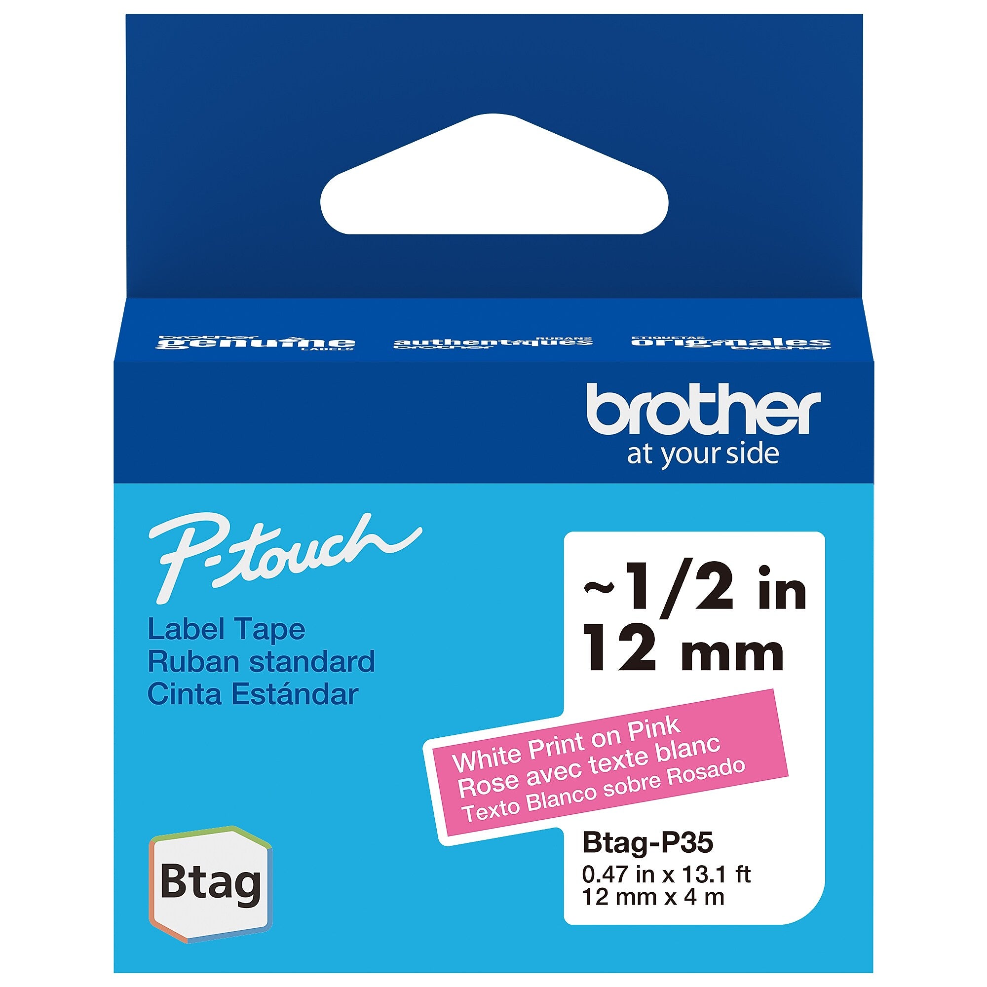 Brother P-touch Btag Label Tape, 1/2" x 13.1' (12mm x 4m), White on Pink (BTAGP35)