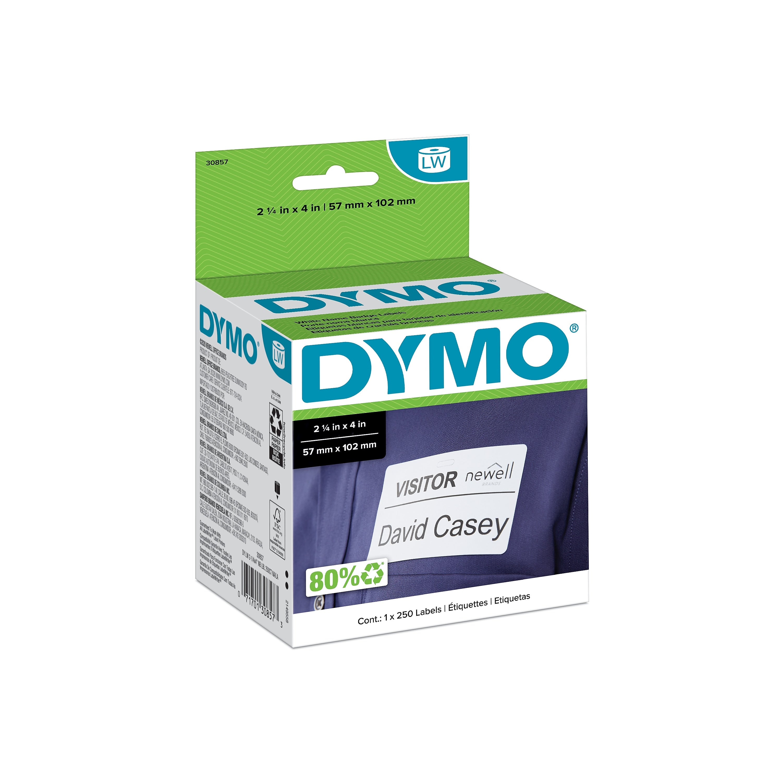 DYMO LabelWriter 30857 Name Badge Labels, 4" x 2-1/4", Black on White, 250 Labels/Roll, 10/Carton