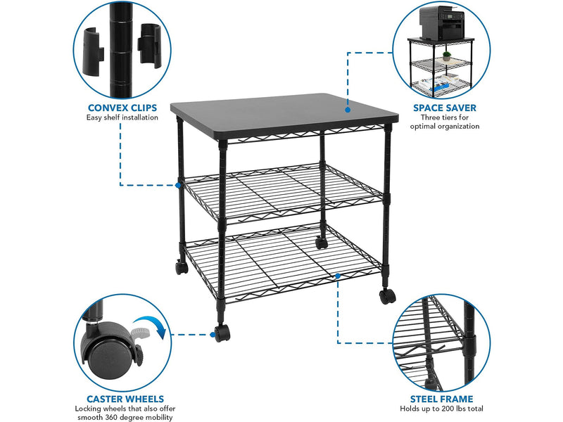 Mount-It! 3-Shelf Steel/Laminate Large Printer Cart with Wheels, Black (MI-7856)