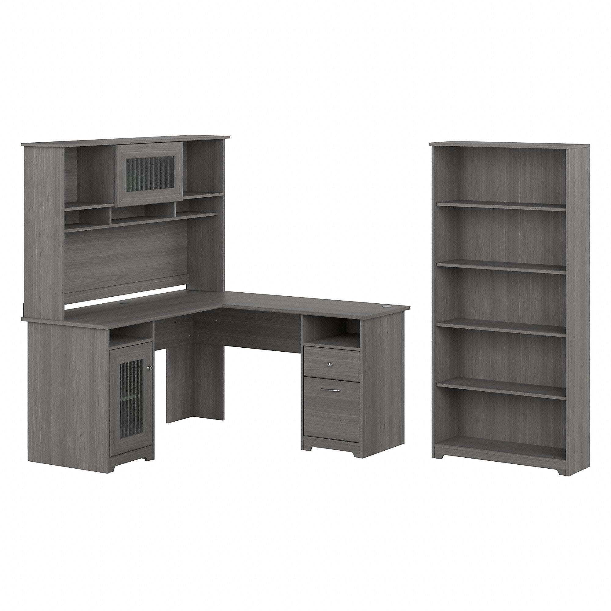 Bush Furniture Cabot 60"W L Shaped Computer Desk with Hutch and 5 Shelf Bookcase, Modern Gray (CAB011MG)