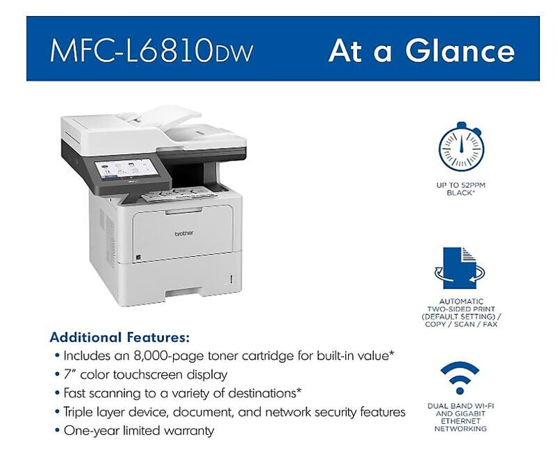Brother MFC-L6810DW Enterprise All-In-One Laser Printer, Copy, Print, Scan