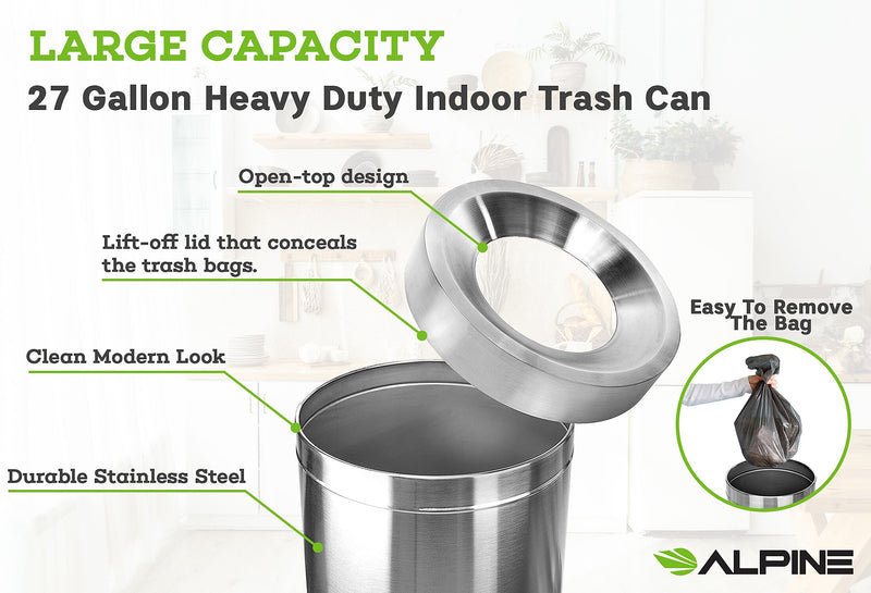 Alpine Industries Stainless Steel Trash Can, 27 Gallon, Silver, 2/Pack (ALP475-27-2PK)