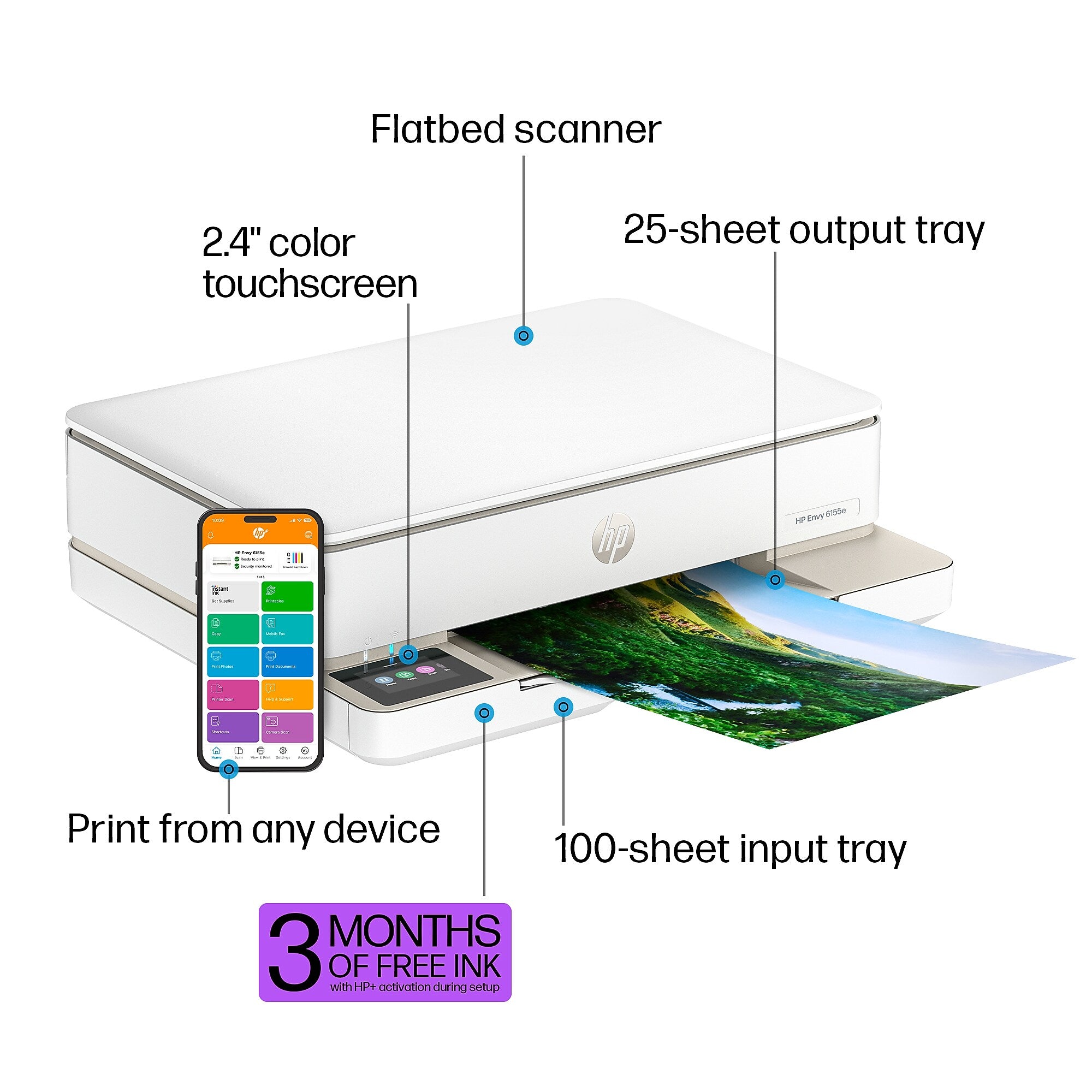 HP Envy 6155e Wireless All-in-One Color Inkjet Printer, Scanner, Copier, Best for Home, 3 months FREE ink with HP+ (714L5A)