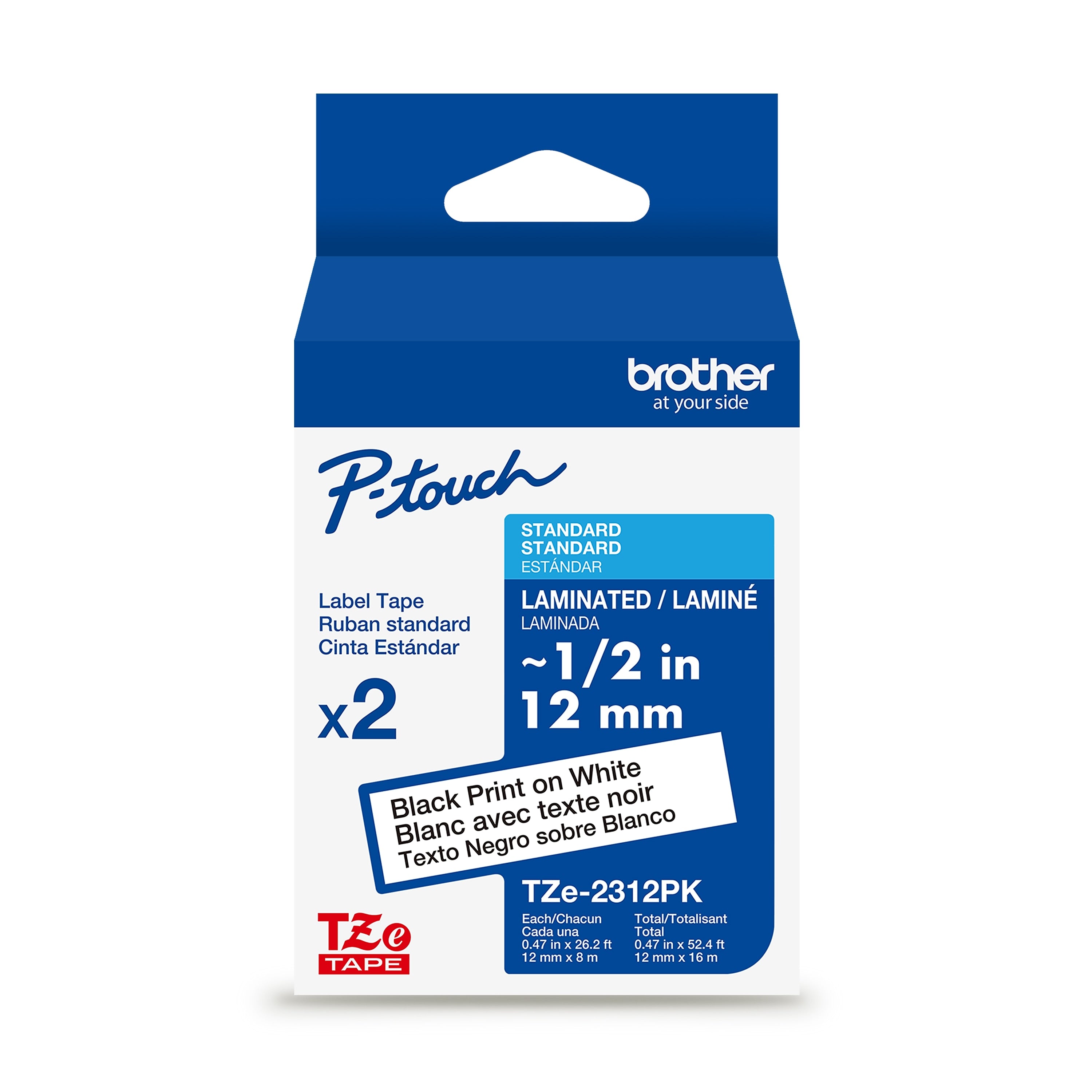 Brother P-touch Laminated Label Tape, 1/2" x 26.2', Black on White, 2/pack (TZe2312PK)