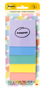 Post-it Transparent Sticky Notes, 2.8" x 2.8", Assorted Colors, 36 Sheets/Pad, 5 Pads/Pack (600-5PASTEL)
